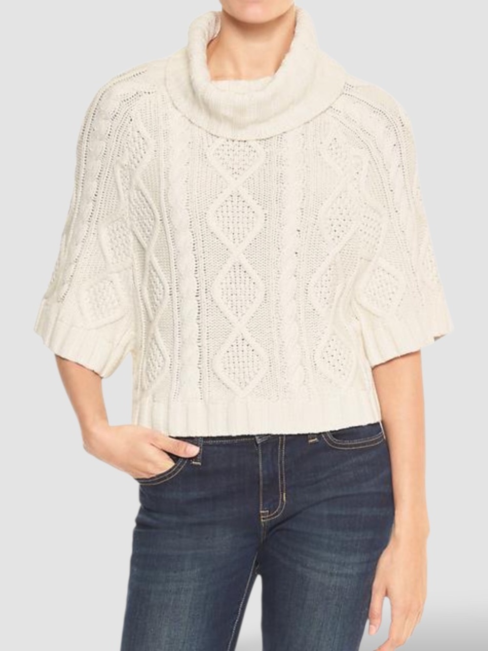 GAP FACTORY 100% Cotton Chunky Cable Knit 1/2 Sleeve T-Neck Sweater US Sz L